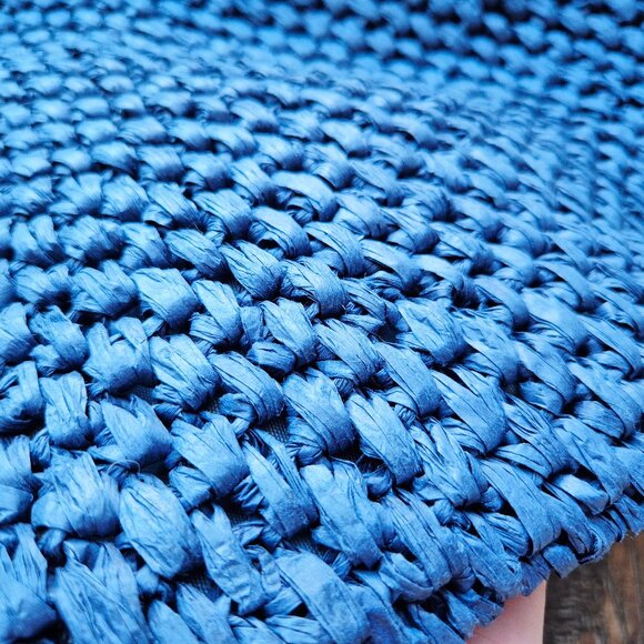 NWoT Talbots 100% Paper Straw Round Bamboo Handle Leather Trim Tote Bag Blue - Picture 4 of 13